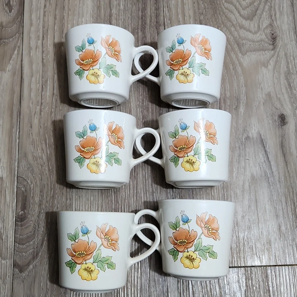 70's Corning Cornerstone Vintage Royal Garden 6 Piece Ceramic Mug Set Floral VTG